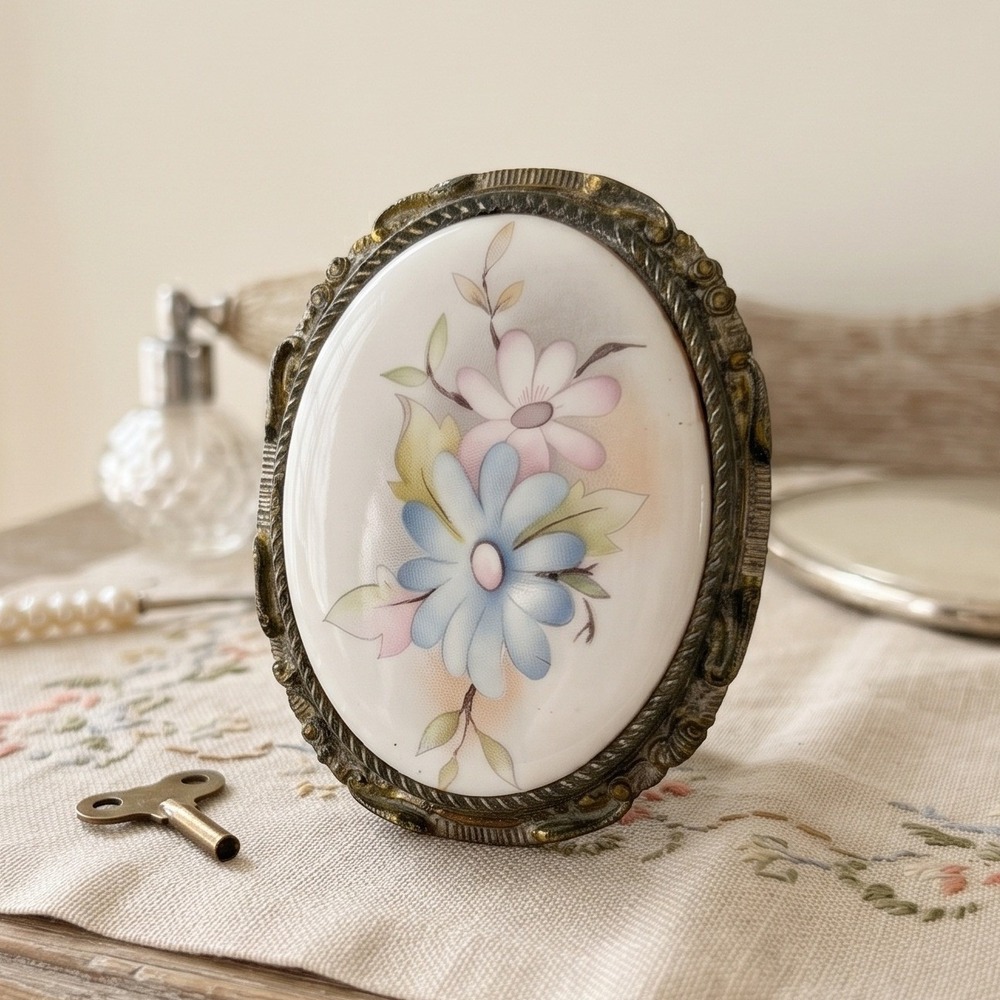 Vintage Floral Porcelain Oval Freestanding Music Box Gold Tone Ornate Frame